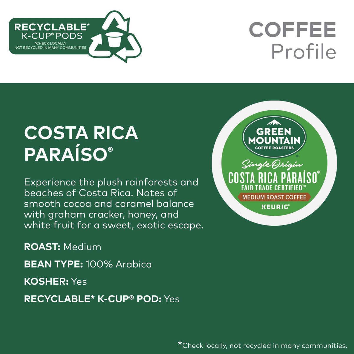 Green Mountain Costa Rica Paraiso K-Cups pack displays fair trade badge supporting sustainable farming.