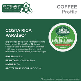 Green Mountain Costa Rica Paraiso K-Cups pack displays fair trade badge supporting sustainable farming.