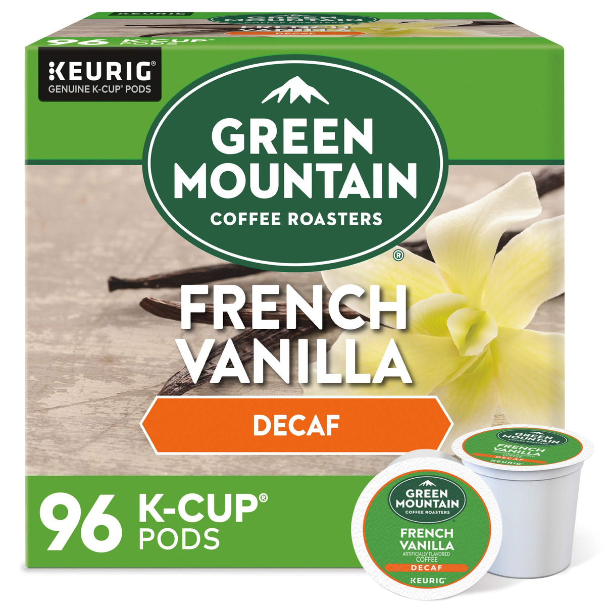 Green Mountain Coffee Roasters French Vanilla Decaf K-Cup pod with rich vanilla aroma.
