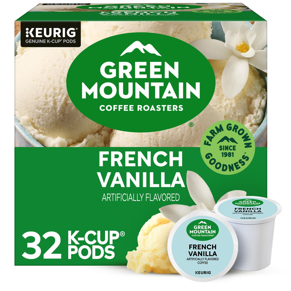 Green Mountain Coffee Roasters French Vanilla K-Cup pods ready for brew.