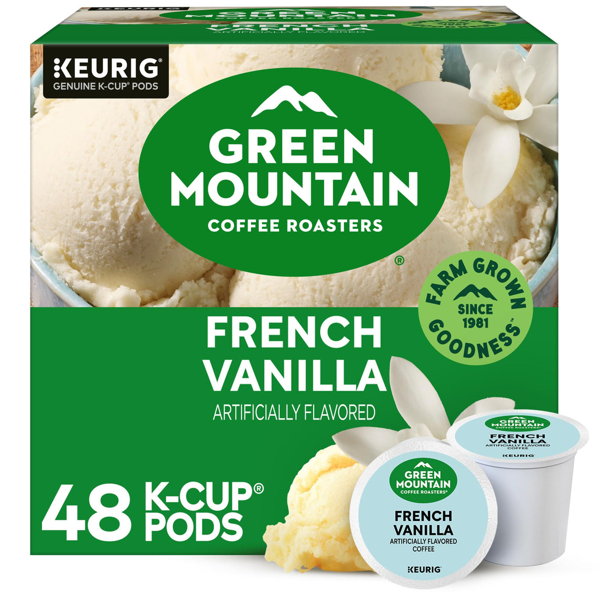 Green Mountain French Vanilla K-Cup pods offer vanilla aroma for a smooth morning