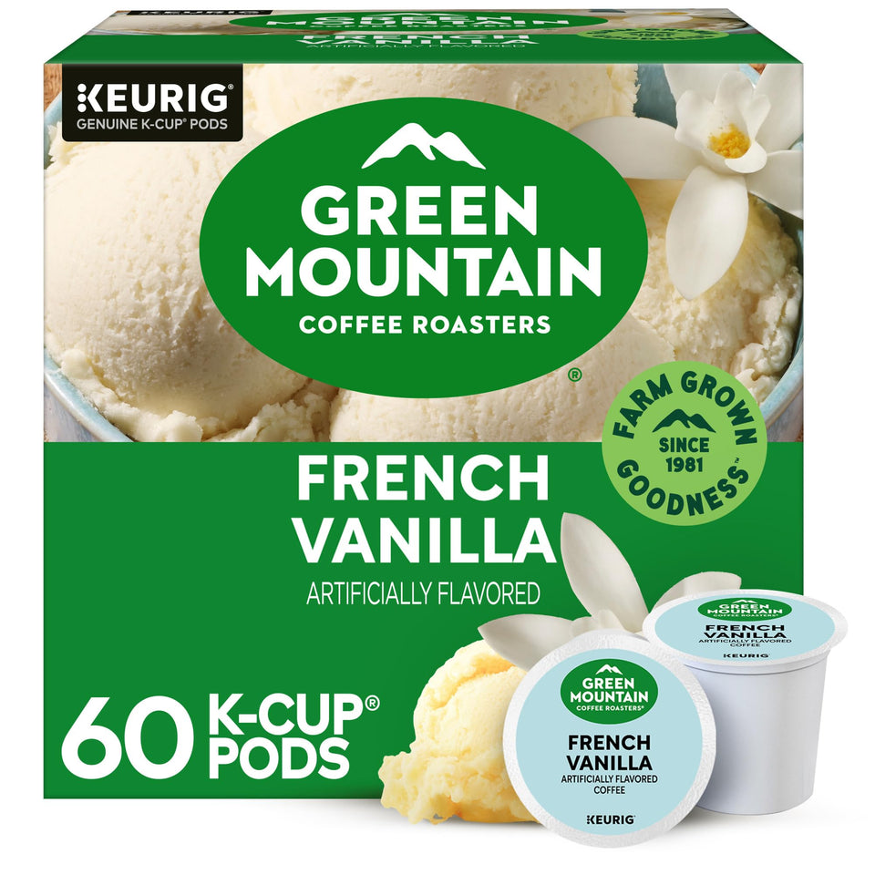 Green Mountain French Vanilla K-Cup pods deliver a bold vanilla aroma for Keurig brews.