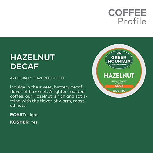Sealed packaging of Green Mountain Hazelnut Decaf K-Cups with branding visible.