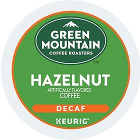 Green Mountain Hazelnut Decaf K-Cup pod close-up with rich hazelnut aroma.