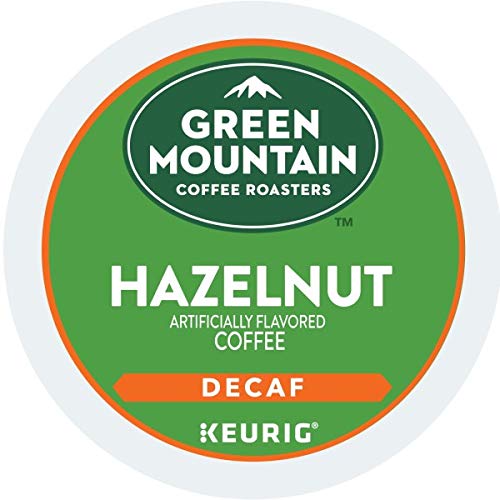 Green Mountain Hazelnut Decaf K-Cup pod close-up with rich hazelnut aroma.
