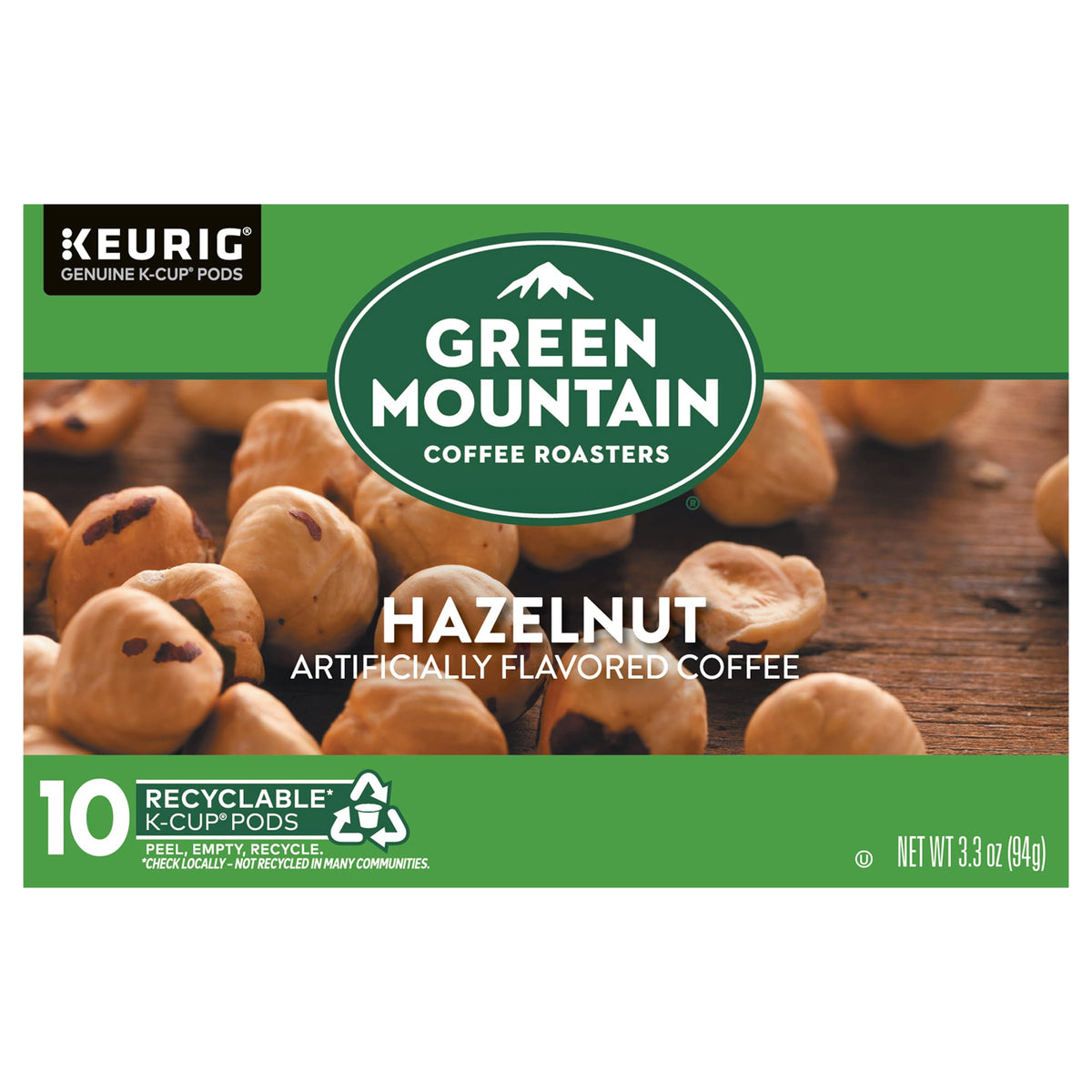 Green Mountain Coffee Roasters hazelnut flavored coffee cup with rich aroma and smooth finish.