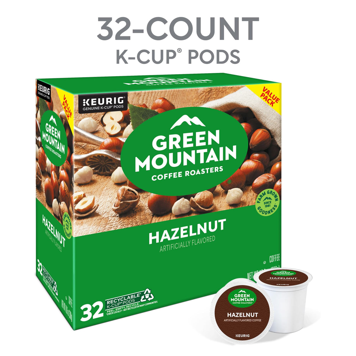 Steaming mug shows Green Mountain Hazelnut flavor with a smooth light roast.