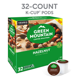 Steaming mug shows Green Mountain Hazelnut flavor with a smooth light roast.