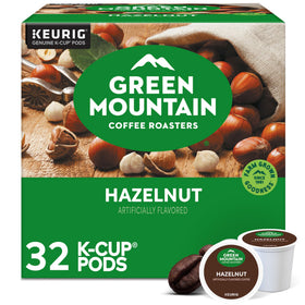Green Mountain Hazelnut K-Cups label highlights kosher certification and aroma.