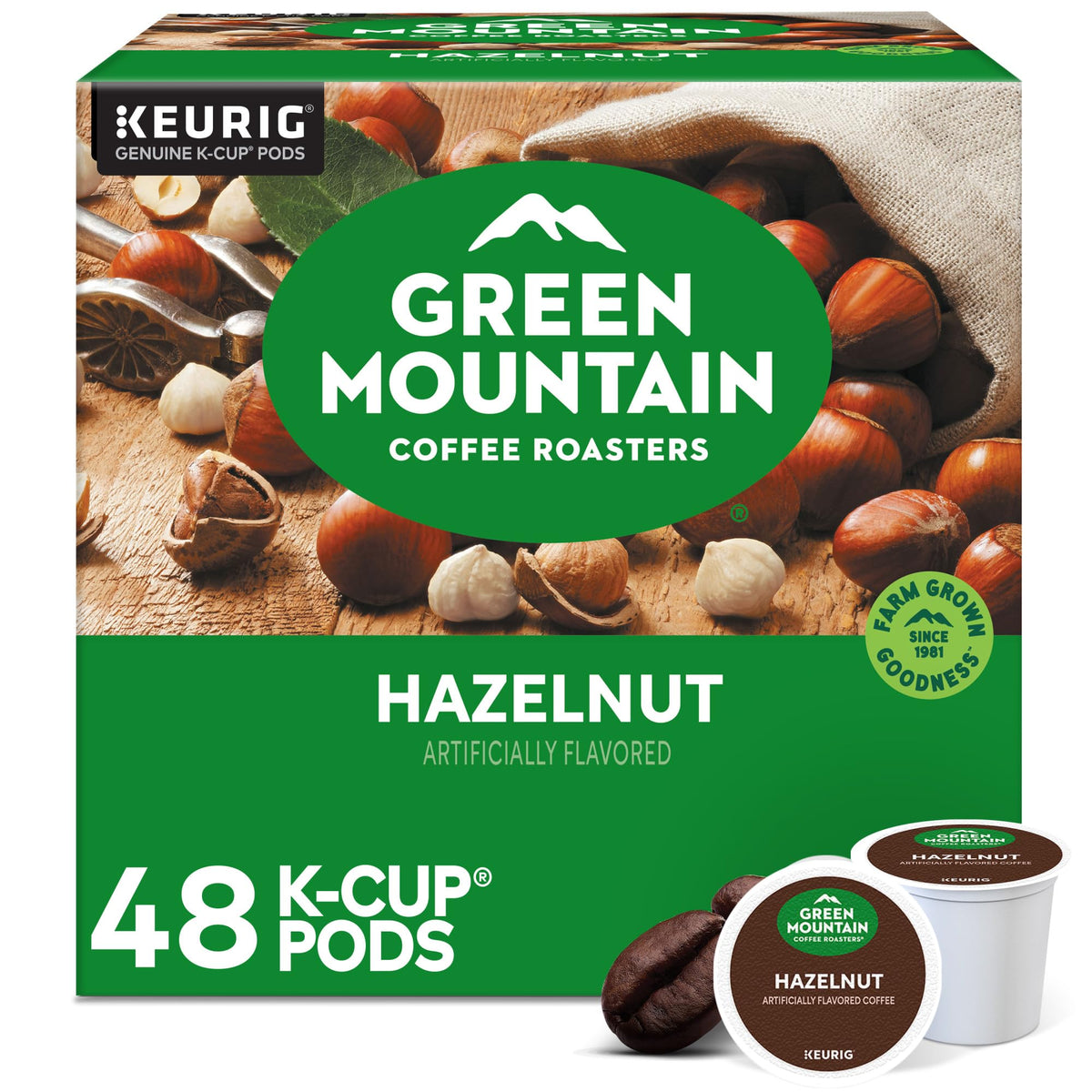 Green Mountain Coffee Roasters Hazelnut K-Cup pod ready to brew a smooth cup.
