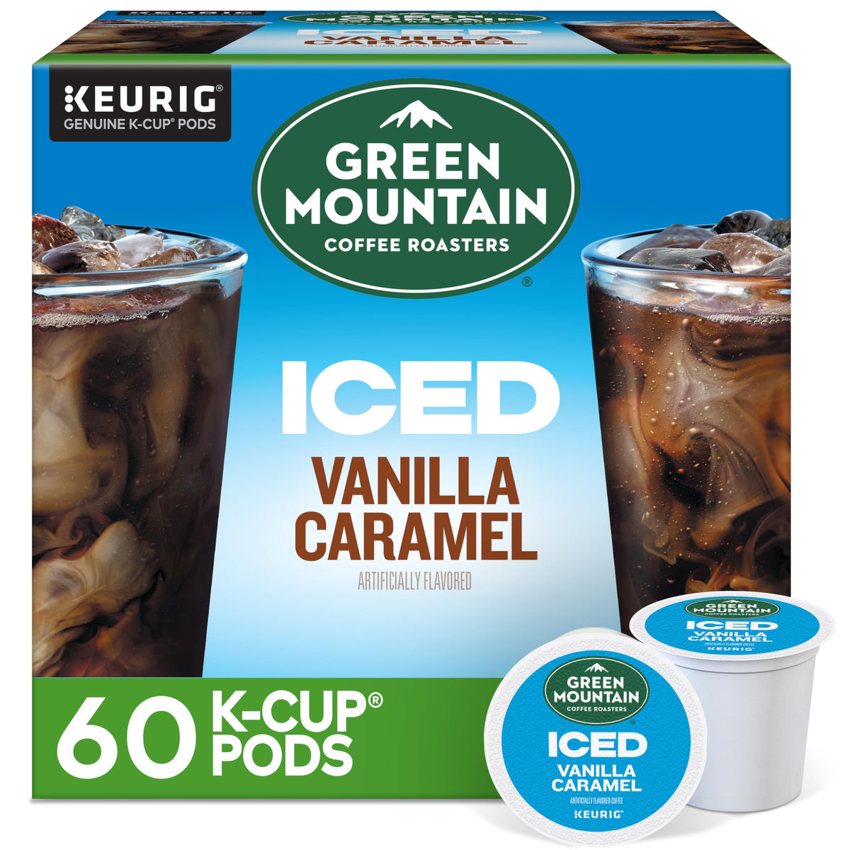 Green Mountain ICED Vanilla Caramel K-Cup pod front box showing Keurig compatibility for quick iced brews