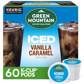 Green Mountain ICED Vanilla Caramel K-Cup pod front box showing Keurig compatibility for quick iced brews