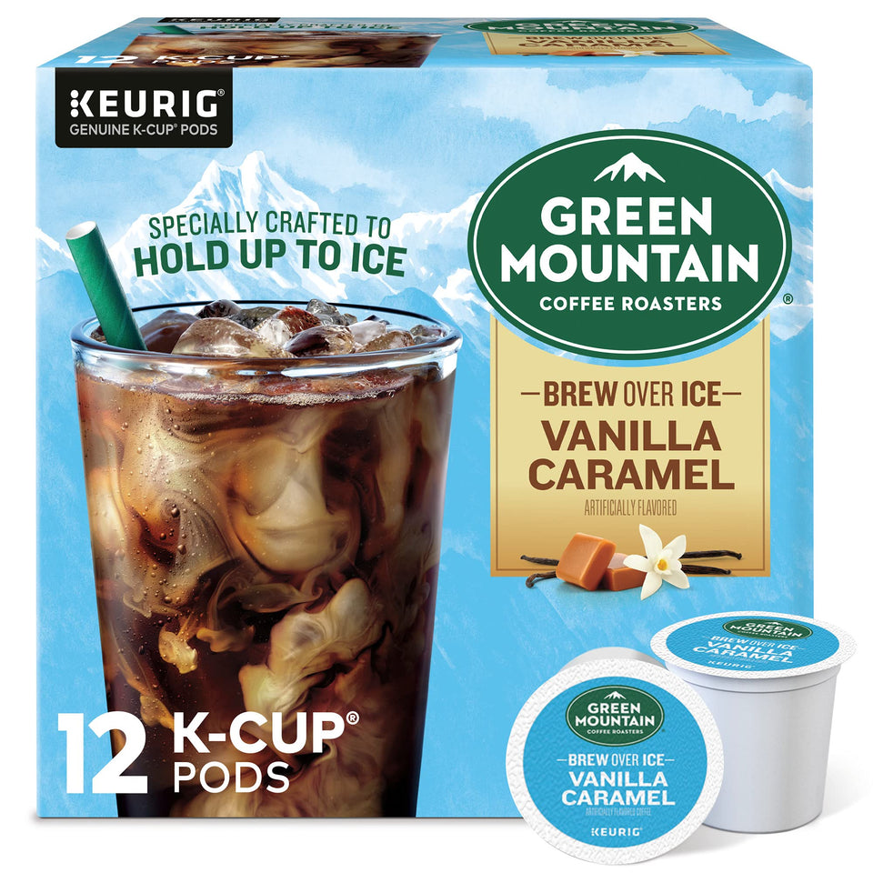 Green Mountain ICED Vanilla Caramel K-Cup pod for refreshing iced coffee at home.