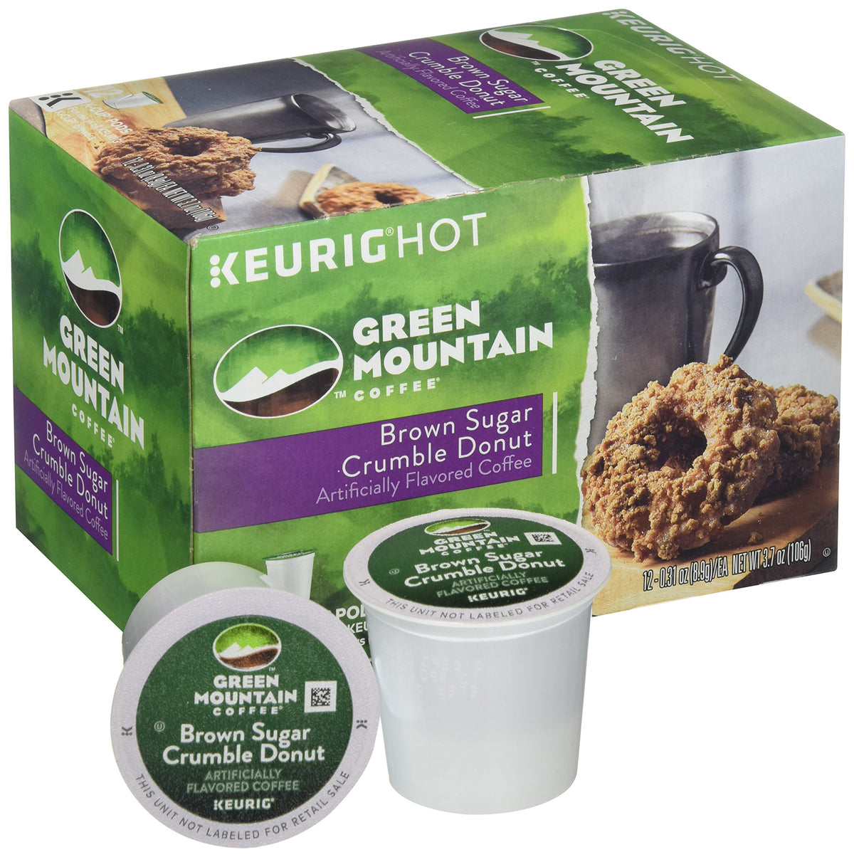 Green Mountain Brown Sugar Crumble Donut K-Cup brewing into a steaming cup for a quick morning pick-me-up