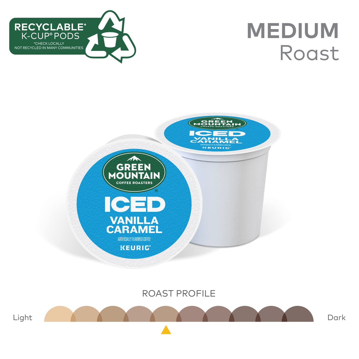 Closeup of Green Mountain ICED Vanilla Caramel K-Cup pod emphasizing freshness