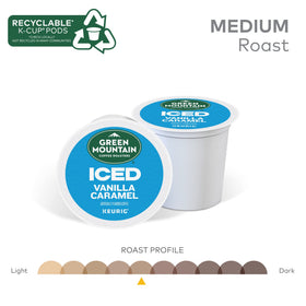Closeup of Green Mountain ICED Vanilla Caramel K-Cup pod emphasizing freshness