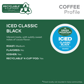 Keurig K-Cup pod by Green Mountain Roasters ready to brew iced coffee.