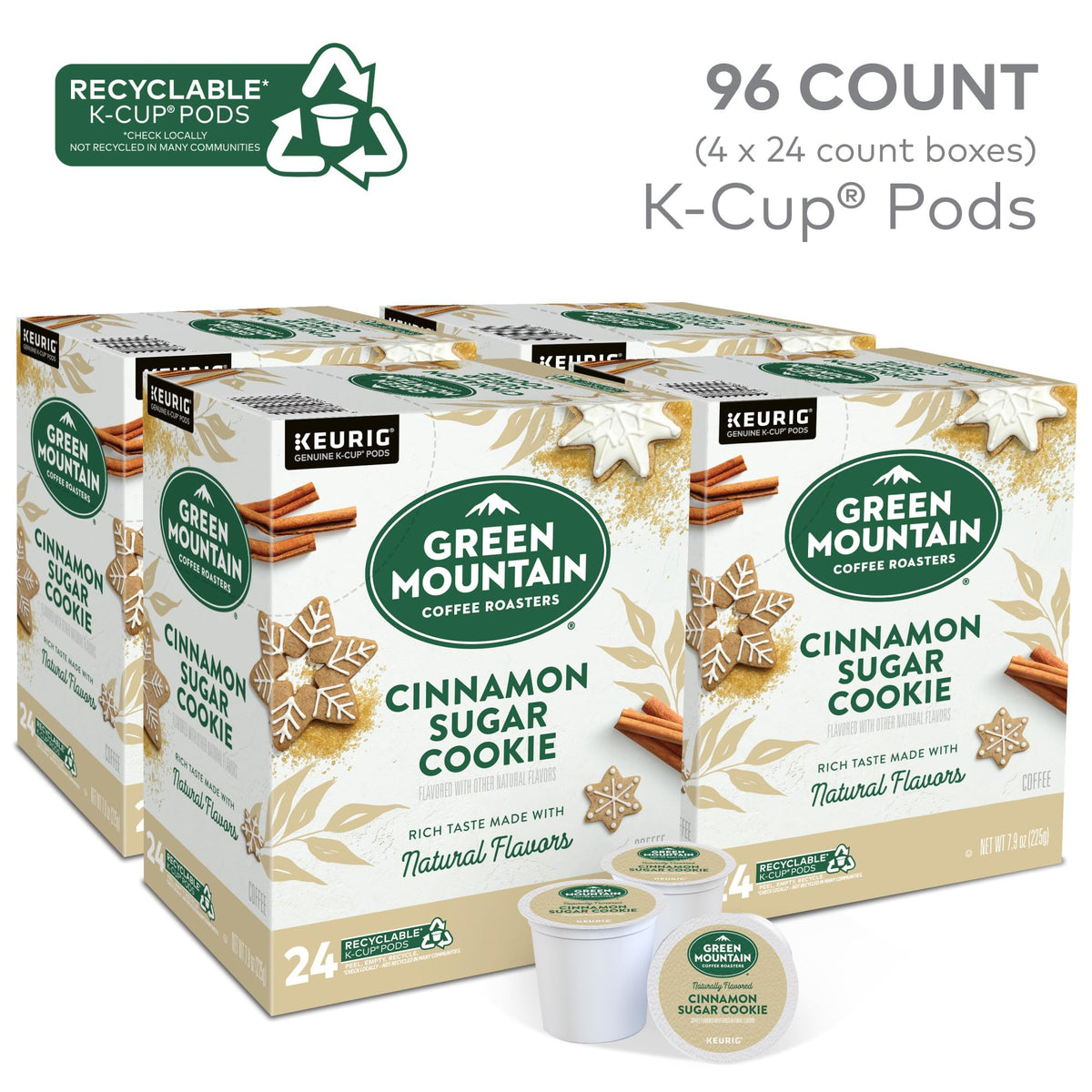 Front-facing box of Green Mountain Cinnamon Sugar Cookie Keurig pods for 96-count convenience.
