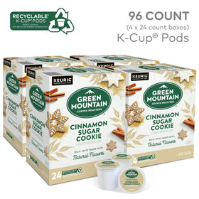 Front-facing box of Green Mountain Cinnamon Sugar Cookie Keurig pods for 96-count convenience.