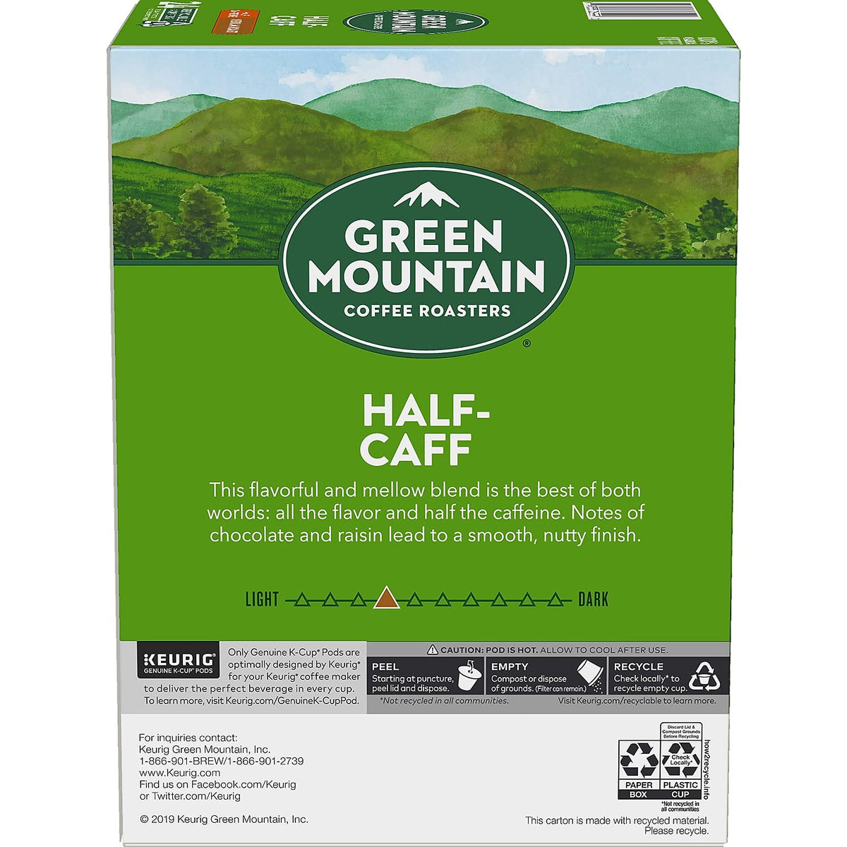 Green Mountain Coffee Roasters logo on packaging, signaling quality Arabica blends.