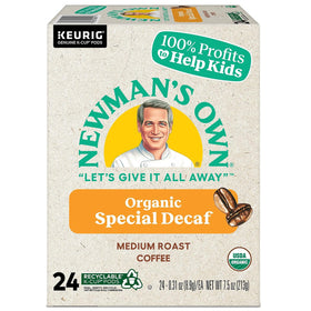 Newman's Special Decaf K-Cups in mug; aroma-rich and satisfying.