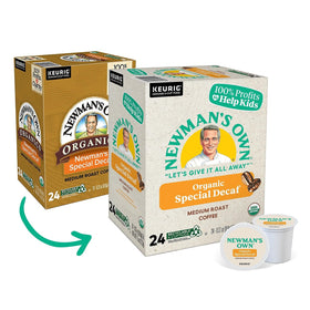 Newman's Special Decaf K-Cups back view; compact packaging for easy pantry storage.