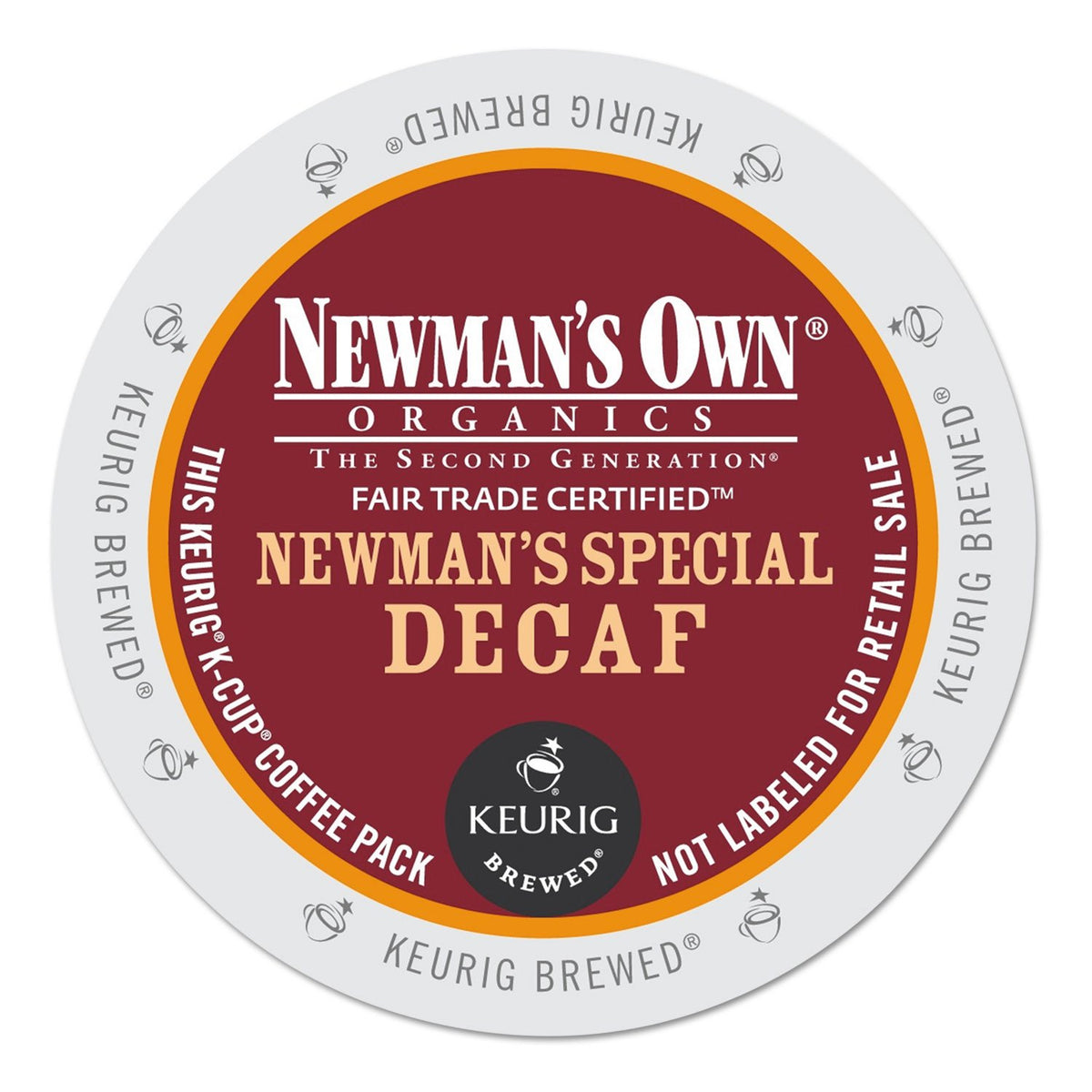 Newman's Special Decaf K-Cups front view on kitchen counter; bold yet smooth decaf.