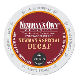 Newman's Special Decaf K-Cups front view on kitchen counter; bold yet smooth decaf.
