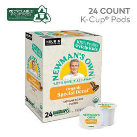 Newman's Special Decaf K-Cups packaging; box display highlighting single-serve convenience.