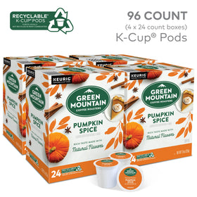 Green Mountain Pumpkin Spice pod brewing into a cup for a cozy morning