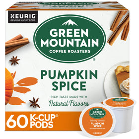 Green Mountain Pumpkin Spice K-Cup pod ready for Keurig brews with autumn warmth.