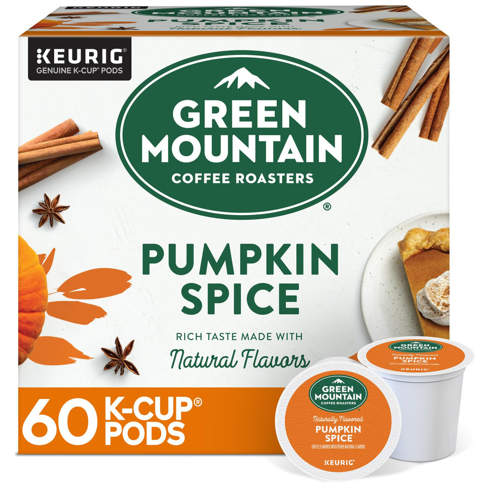 Green Mountain Pumpkin Spice K-Cup pod ready for Keurig brews with autumn warmth.