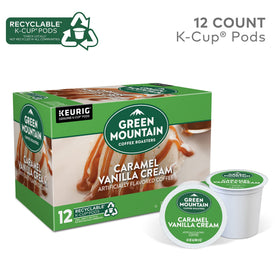Green Mountain Coffee Roasters recyclable K-Cup lid detail encourages eco-friendly disposal.
