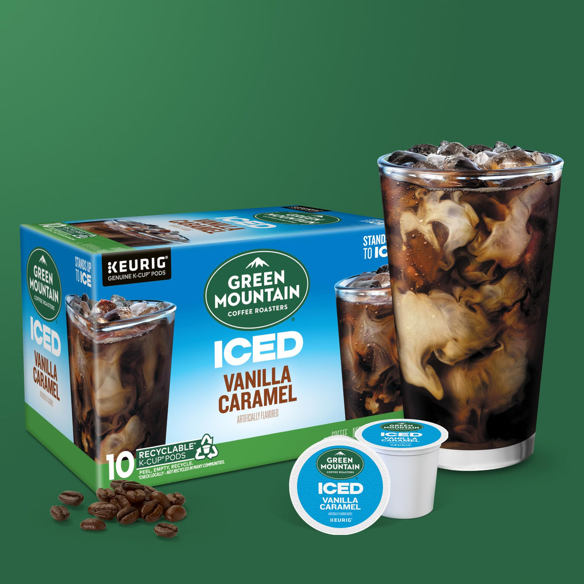 Green Mountain ICED Vanilla Caramel K-Cup pod recycling reminder for eco-friendly use