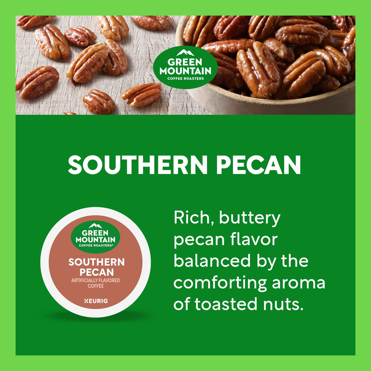 Green Mountain Southern Pecan K-Cup box sits on a kitchen counter