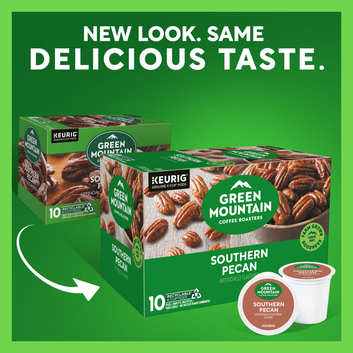 Green Mountain Southern Pecan K-Cup packaging highlights six-pack sleeves