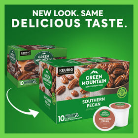 Green Mountain Southern Pecan K-Cup packaging highlights six-pack sleeves