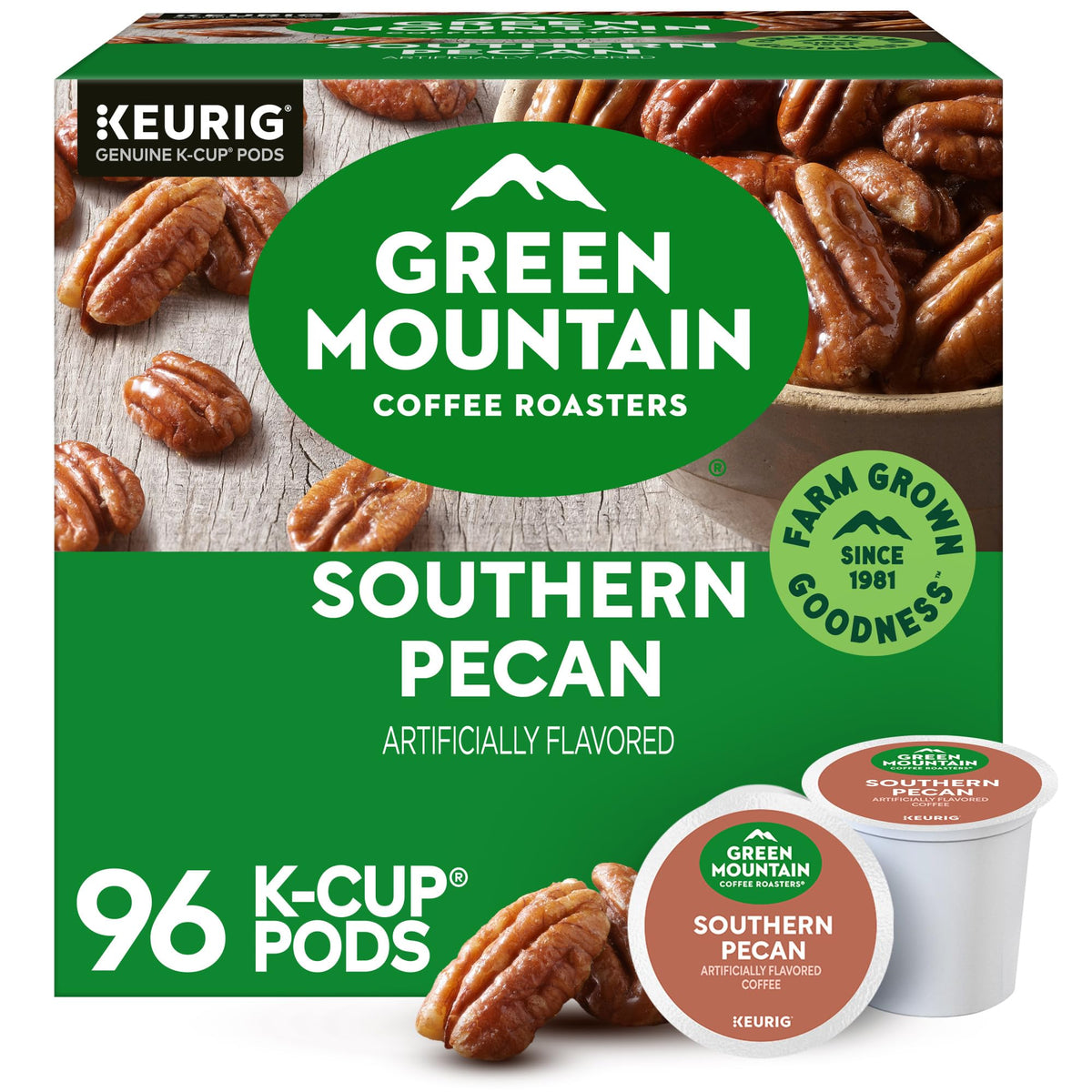 Green Mountain Coffee Roasters Southern Pecan packaging for convenient pods.
