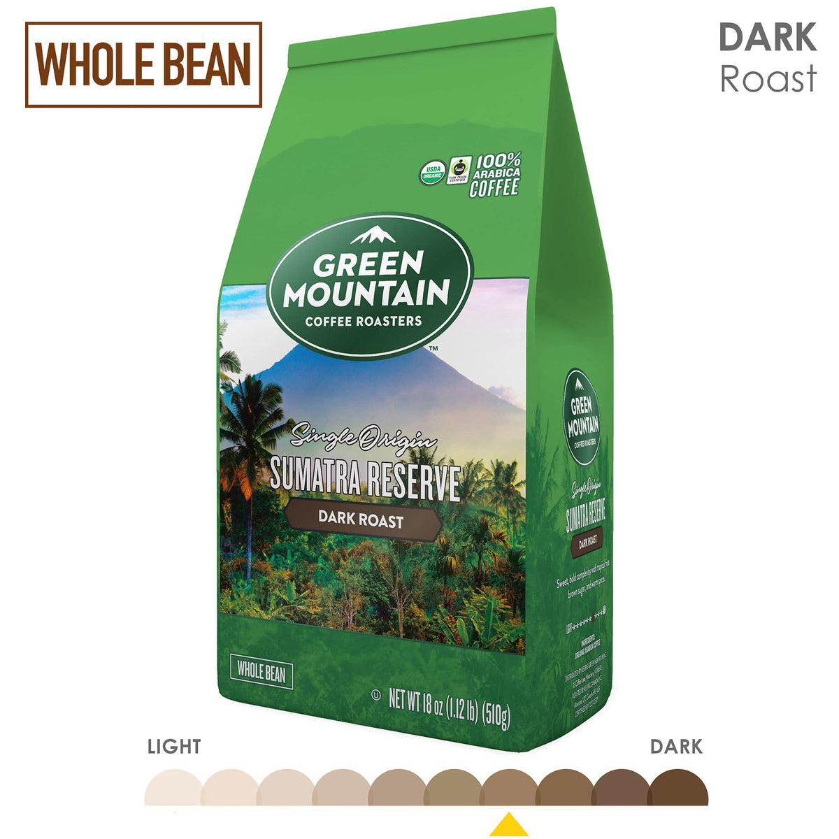 Green Mountain Coffee Roasters Sumatra Reserve bag back with certifications for ethical sourcing