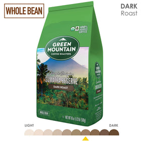 Green Mountain Coffee Roasters Sumatra Reserve bag back with certifications for ethical sourcing
