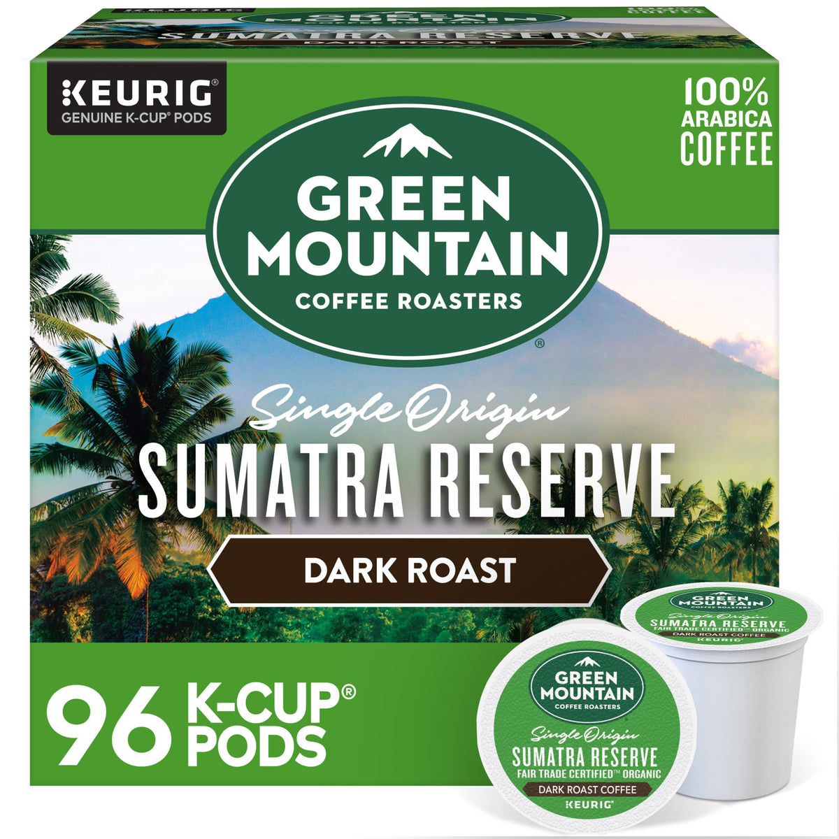 Green Mountain Sumatra Reserve packaging highlights sustainable sourcing for bold coffee enthusiasts.