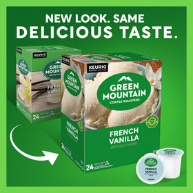 Green Mountain French Vanilla aroma in a brew pot, offering a cozy morning pick-me-up.