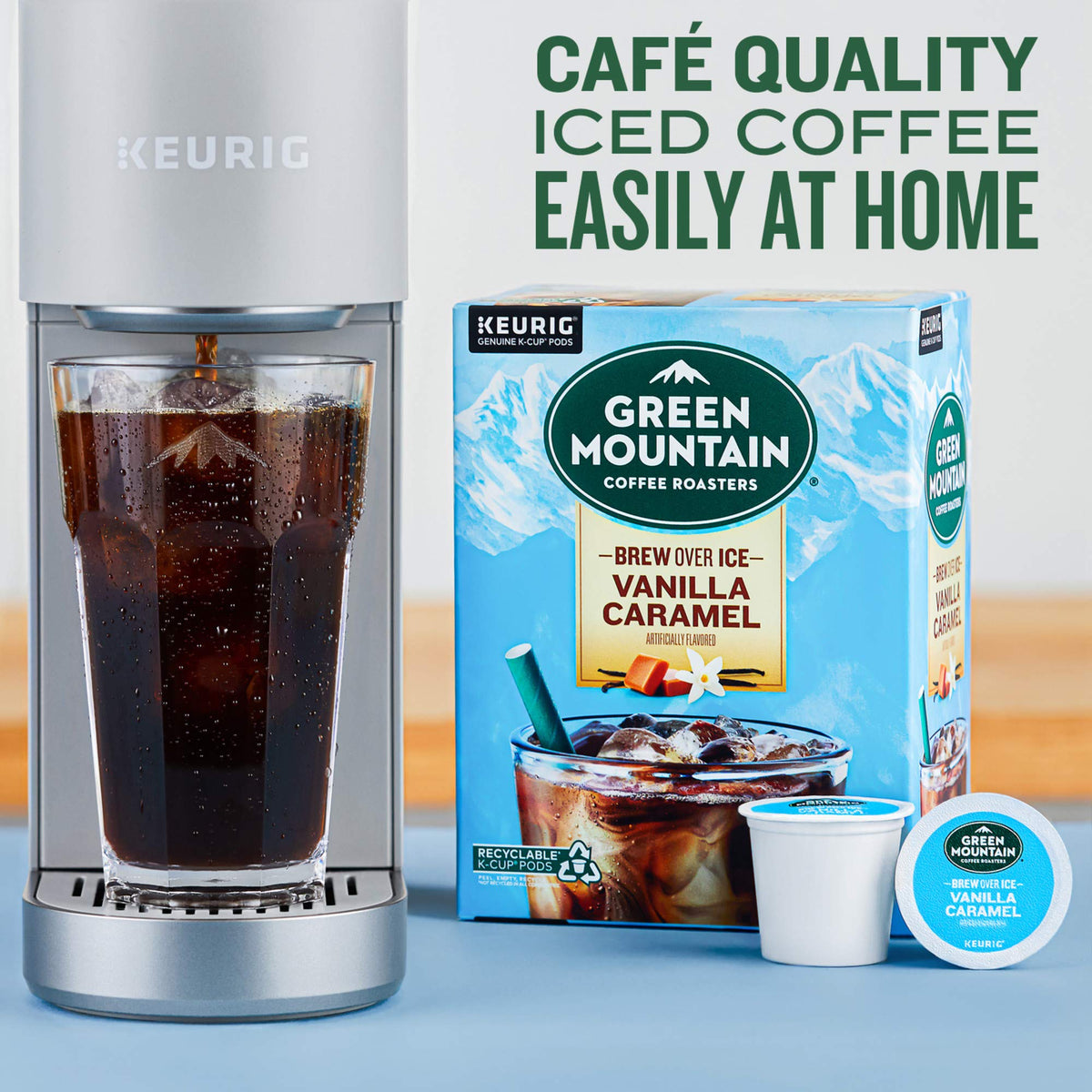 Green Mountain ICED Vanilla Caramel brews over ice for a smooth cup.