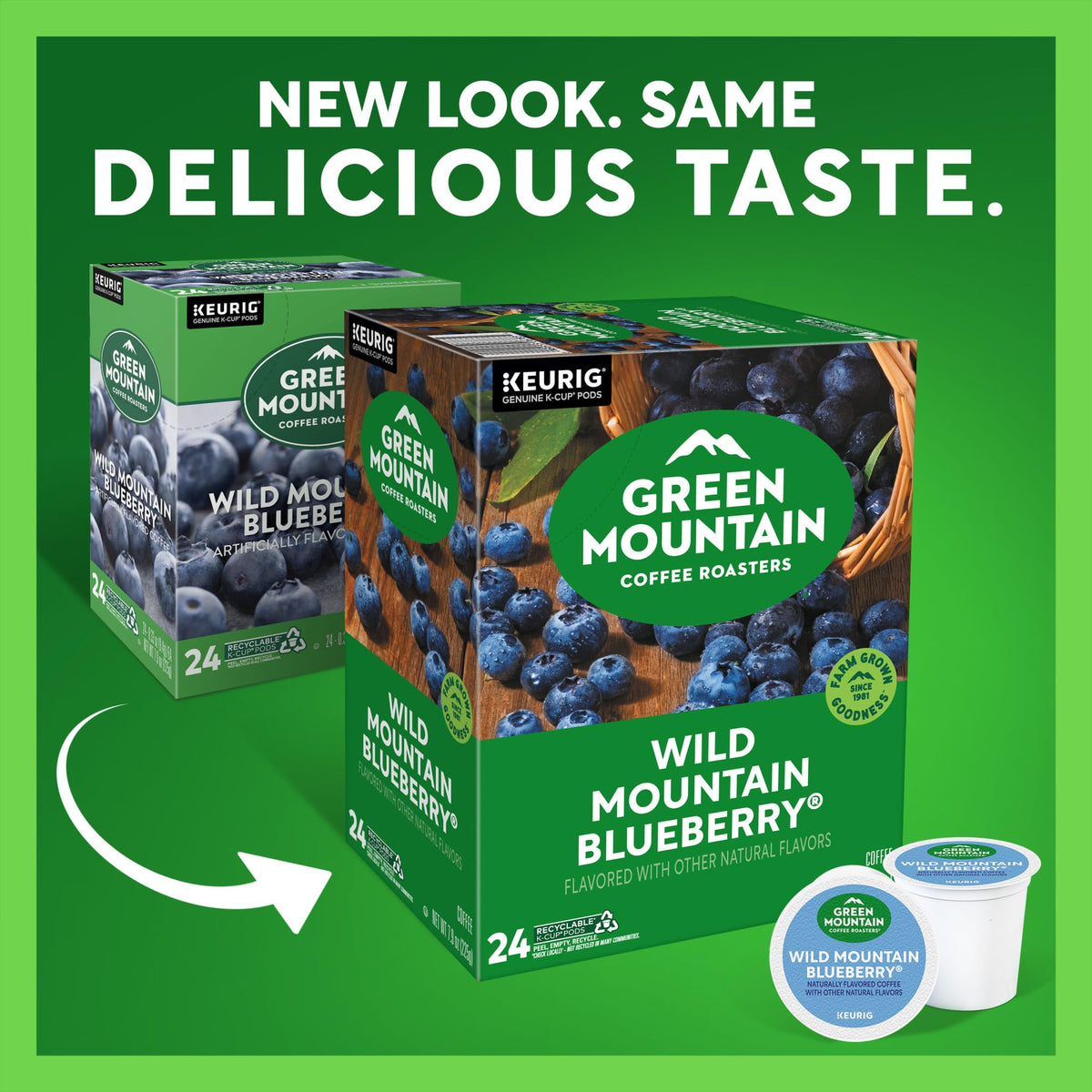 Green Mountain Wild Mountain Blueberry packaging on shelf signals bulk 96-count value.