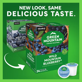 Green Mountain Wild Mountain Blueberry packaging on shelf signals bulk 96-count value.