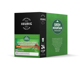 Green Mountain Coffee Vermont Country Blend Decaf K-Cup beans close-up showcases rich medium roast