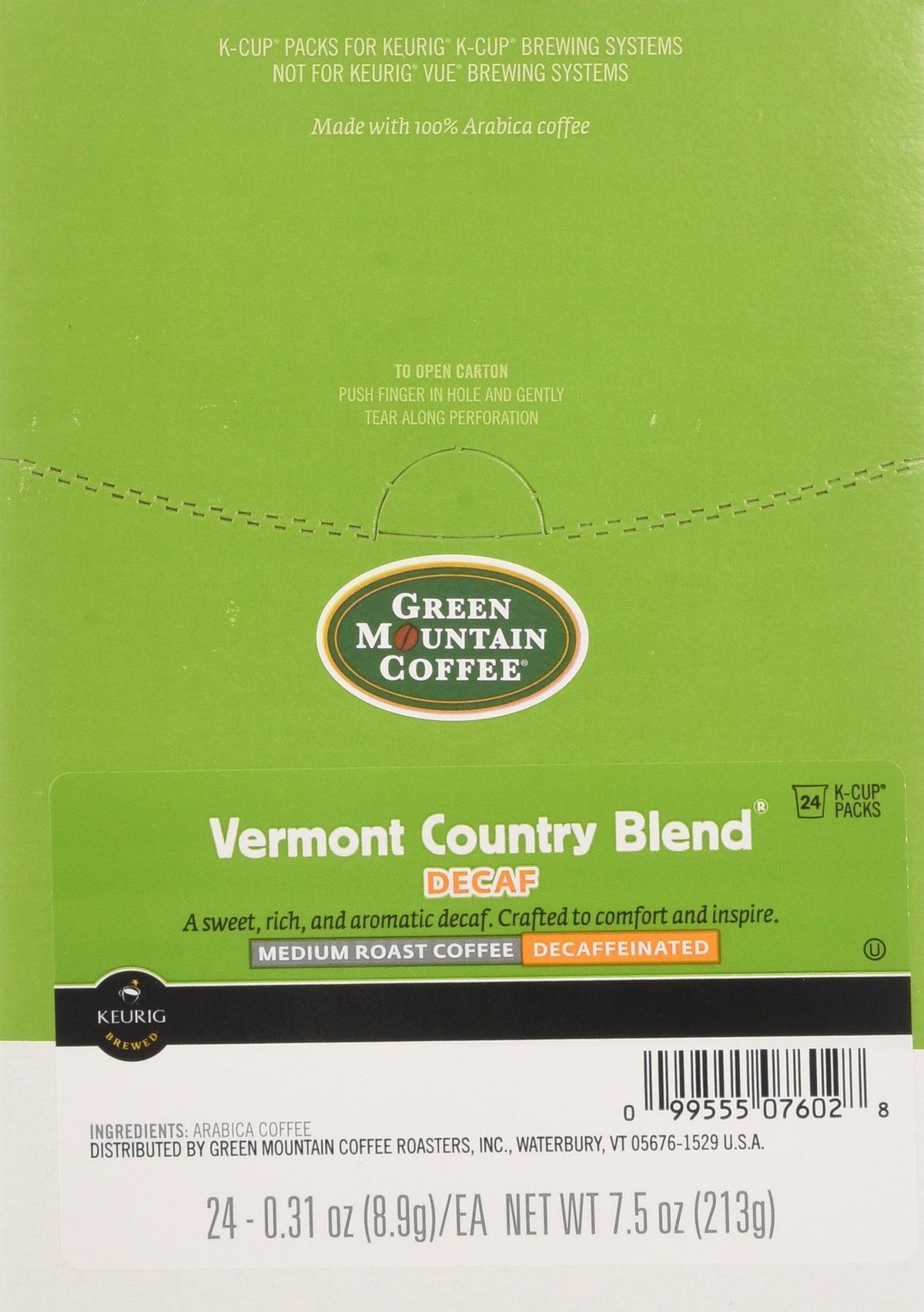 Green Mountain Coffee Vermont Country Blend Decaf K-Cup box emphasizes quality and everyday enjoyment
