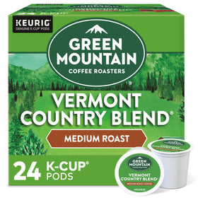 Green Mountain Coffee Vermont Country Blend K-Cup packaging seals in freshness for Keurig brewers.