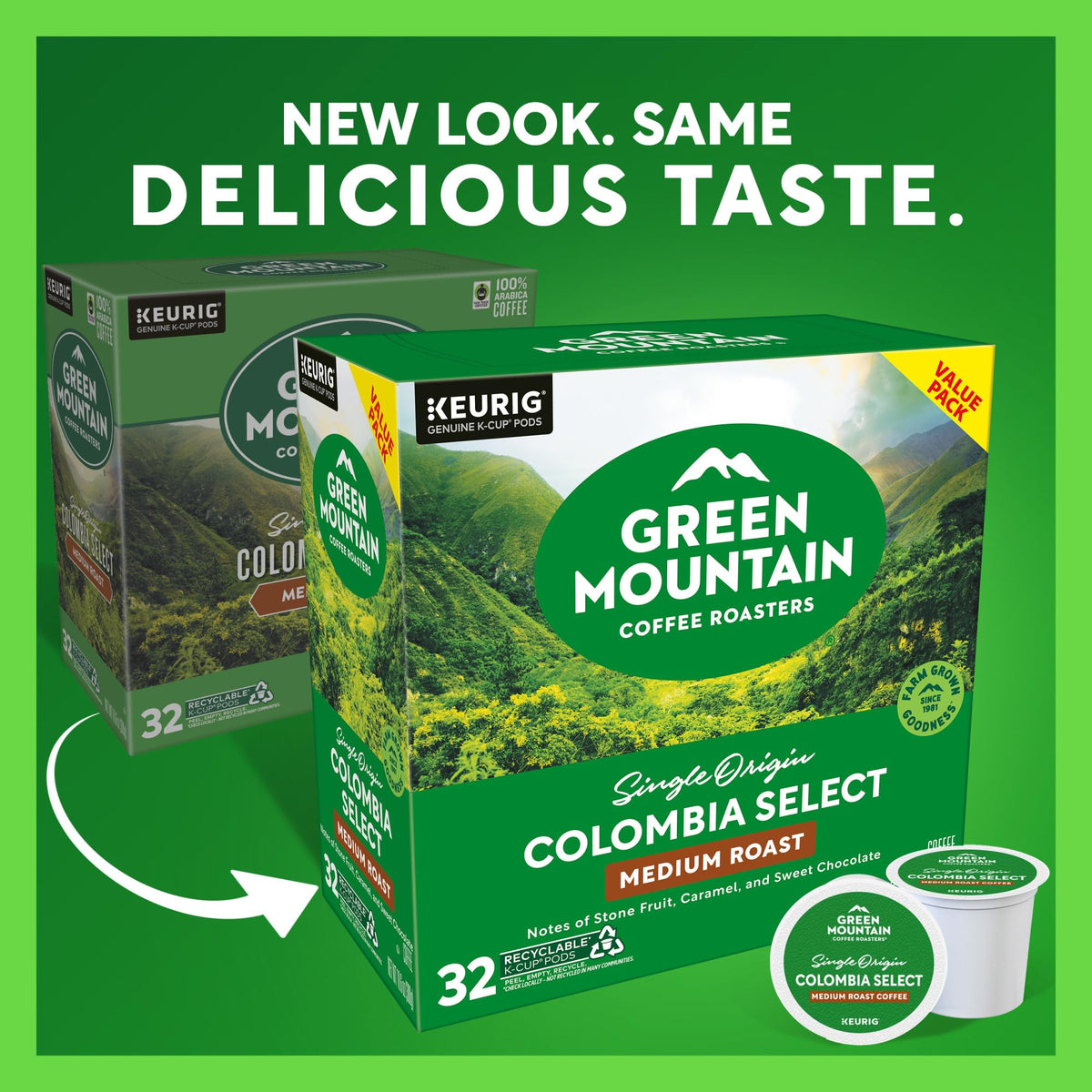 Green Mountain Colombia Select K-Cup pods ready for Keurig machines.