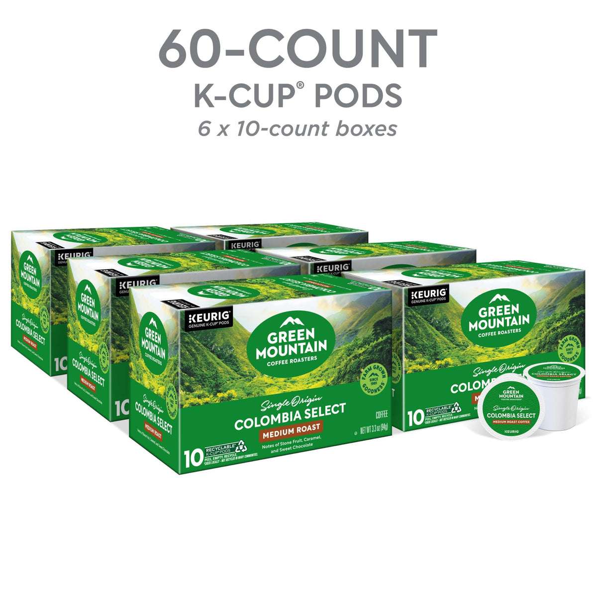 Green Mountain Colombia Select medium roast Arabica beans for a smooth, balanced finish